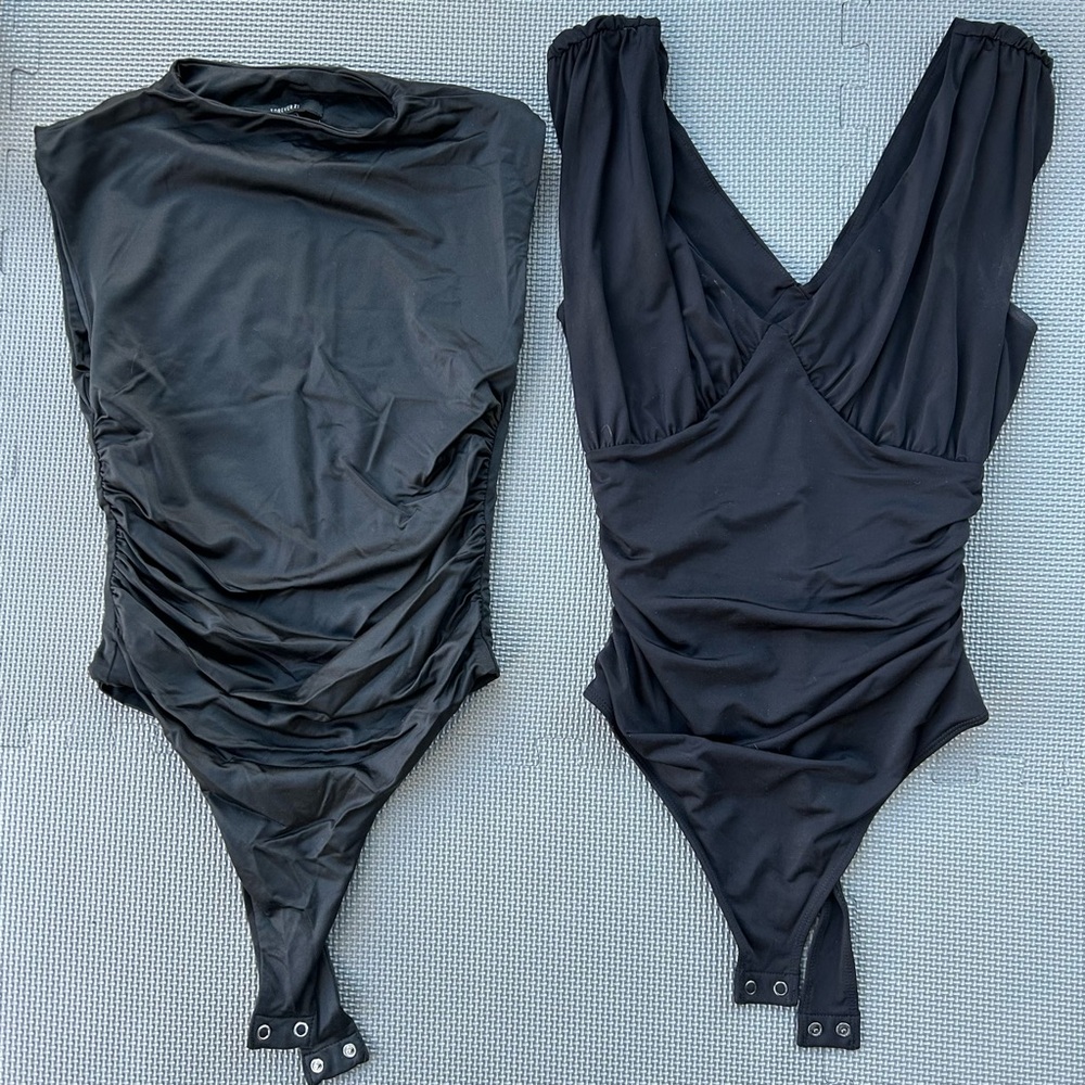2 Black Ruched Bodysuits
